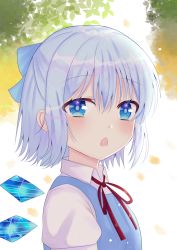 Rule 34 | 1girl, bad id, bad pixiv id, blue dress, blue eyes, blue hair, blue ribbon, blurry, blush, chestnut mouth, cirno, commentary, depth of field, dress, from side, hair between eyes, hair ribbon, highres, leaf, leaf background, light blush, looking at viewer, nibosi, outdoors, pinafore dress, puffy short sleeves, puffy sleeves, red neckwear, red ribbon, ribbon, shirt, short hair, short sleeves, sleeveless dress, solo, standing, touhou, upper body, white shirt, wings