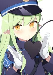 Rule 34 | 1girl, black hat, black shirt, black tail, blue archive, blush, closed mouth, demon tail, earrings, gloves, green hair, hat, hikari (blue archive), highres, jewelry, long hair, long sleeves, peaked cap, pointy ears, sasai nakoto, shirt, sidelocks, simple background, single earring, solo, tail, upper body, white background, white gloves, yellow eyes
