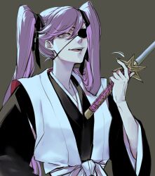 Rule 34 | 1girl, :d, ai (ai1470), black kimono, black ribbon, bleach, brown eyes, commentary request, eyepatch, grey background, hair ribbon, highres, holding, holding sword, holding weapon, japanese clothes, katana, kimono, long hair, long sleeves, open mouth, purple hair, ribbon, saitou furoufushi, simple background, smile, solo, sword, twintails, upper body, very long hair, weapon, wide sleeves