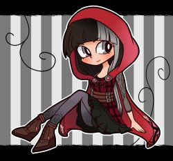Rule 34 | 1girl, artist request, blush, boots, cerise hood, ever after high, female focus, hood, solo, striped, striped background