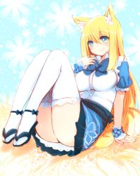 Rule 34 | 1girl, alternate costume, animal ear fluff, animal ears, aoi (naomi), blonde hair, blue background, blue eyes, bow, breasts, fox ears, fox tail, hutaba aoi, impossible clothes, large breasts, legs together, looking at viewer, nanashin naomi, original, puffy sleeves, sandals, sitting, skirt, smile, solo, tail, thighhighs, thighs