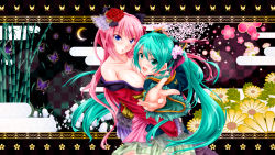 Rule 34 | 2girls, :d, :o, aqua eyes, aqua hair, bamboo, bare shoulders, blue eyes, blush, breasts, bug, butterfly, cleavage, fang, female focus, flower, foreshortening, hair flower, hair ornament, hatsune miku, highres, hug, bug, large breasts, long hair, looking at viewer, magnet (vocaloid), megurine luka, multiple girls, nail polish, off shoulder, open mouth, outstretched arm, pink hair, project diva (series), project diva 2nd, skirt, smile, tsukineko, twintails, very long hair, vocaloid