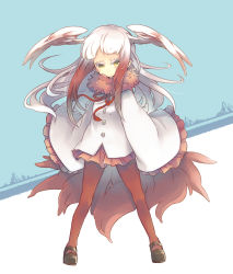 Rule 34 | 10s, 1girl, black footwear, blunt bangs, buttons, colored eyelashes, drawstring, frilled skirt, frilled sleeves, frills, full body, green eyes, head wings, highres, japanese crested ibis (kemono friends), kemono friends, leggings, legs apart, long hair, long sleeves, looking at viewer, mary janes, multicolored hair, pantyhose, red hair, red pantyhose, red skirt, shirt, shishitoumaru, shoes, skirt, sleeves past wrists, solo, tail, white hair, white shirt, wings