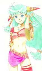Rule 34 | 1girl, aqua hair, bad id, bad pixiv id, blue eyes, breasts, cleavage, cowboy shot, feena (grandia), grandia, grandia i, green hair, hair ornament, hair tubes, jewelry, light smile, long hair, low-tied long hair, miniskirt, necklace, painting (medium), pendant, pink skirt, remon99, skindentation, skirt, small breasts, solo, thighhighs, traditional media, upper body, very long hair, watercolor (medium), white background, wide sleeves