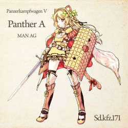 Rule 34 | 1girl, acea4, animal ears, armor, cape, cross, iron cross, long hair, mecha musume, military, military vehicle, motor vehicle, original, panther (tank), personification, shield, skirt, solo, sword, tail, tank, vehicle, weapon, wehrmacht, world war ii