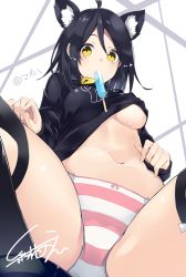 Rule 34 | 1girl, ahoge, animal ears, artist name, black hair, black shirt, black thighhighs, bow, bow panties, breasts, character request, copyright request, food, kurebayashi noe, long sleeves, looking at viewer, medium breasts, mouth hold, navel, one breast out, panties, pink bow, pink panties, popsicle, shirt, signature, sitting, solo, spread legs, striped clothes, striped panties, thighhighs, thighs, underboob, underwear, white panties, yellow eyes