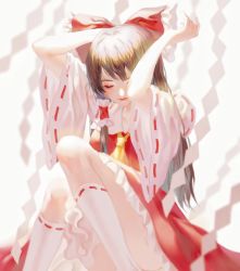 Rule 34 | 1girl, ascot, bow, brown hair, chinese commentary, closed eyes, commentary request, detached sleeves, feet out of frame, hair bow, hair tubes, hakurei reimu, hands up, highres, long hair, long sleeves, miko (15476997), red bow, red shirt, red skirt, shide, shirt, sitting, skirt, socks, solo, touhou, white background, white socks, wide sleeves, yellow ascot
