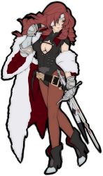 Rule 34 | 00s, 1girl, ankle boots, bad id, bad tumblr id, beatrix, belt, boots, breasts, brown eyes, brown hair, brown pantyhose, cleavage, cleavage cutout, clothing cutout, coat, eyepatch, final fantasy, final fantasy ix, full body, fur coat, fusion, gauntlets, hexafusion, highres, kirijou mitsuru, leotard, medium breasts, pantyhose, persona, persona 4: the ultimate in mayonaka arena, red eyes, solo, sword, tabletorgy, transparent background, weapon