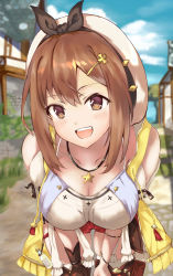 Rule 34 | 1girl, atelier (series), atelier ryza, atelier ryza 1, bent over, boots, breasts, brown eyes, brown gloves, brown hair, brown thighhighs, building, cleavage, cloud, commentary request, gloves, hair ornament, hairclip, hands on own thighs, hat, highres, jewelry, large breasts, looking at viewer, neko usagi (nekousagi jpn), open mouth, outdoors, pendant, red shorts, reisalin stout, shirt, short hair, short shorts, shorts, single glove, sky, smile, solo, thigh boots, thighhighs, white hat, white shirt