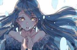 Rule 34 | 1girl, amekawa setsu, bad id, bad twitter id, bare shoulders, blue dress, blue hair, bubble, commentary request, dress, hair between eyes, highres, long hair, looking at viewer, love live!, love live! school idol project, open mouth, solo, sonoda umi, upper body, yellow eyes