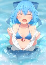 Rule 34 | 1girl, :d, ^ ^, bare shoulders, bikini, blue bikini, blue bow, blue hair, blue skirt, blush, bow, breasts, cirno, cleavage, closed eyes, commentary request, fairy, fang, hair between eyes, hair bow, hands up, happy, highres, ice, ice wings, light blue hair, medium hair, mizune (winter), navel, open clothes, open mouth, open shirt, red ribbon, ribbon, shirt, skirt, small breasts, smile, solo, swimsuit, touhou, undressing, water, white shirt, wings