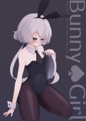 Rule 34 | 1girl, animal ears, black leotard, black neckerchief, black pantyhose, blue eyes, breasts, character name, commentary request, copyright name, detached collar, english text, fake animal ears, grey background, haya bs, highres, kneeling, konno junko, leotard, long hair, low twintails, neckerchief, pantyhose, playboy bunny, rabbit ears, rabbit girl, small breasts, solo, strapless, strapless leotard, tray, twintails, white hair, wrist cuffs, zombie land saga