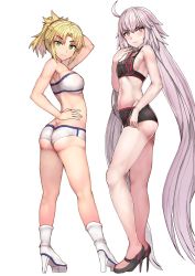 Rule 34 | 2girls, absurdly long hair, adapted costume, ahoge, armpits, ass, bad id, bad twitter id, bikini, bikini shorts, blonde hair, blush, butt crack, dimples of venus, fate/grand order, fate (series), green eyes, groin, hand on own hip, high heels, highres, jeanne d&#039;arc alter (swimsuit berserker) (fate), jeanne d&#039;arc (fate), jeanne d&#039;arc alter (fate), jeanne d&#039;arc alter (swimsuit berserker) (fate), long hair, long legs, mordred (fate), mordred (fate) (all), mordred (fate/apocrypha), mordred (swimsuit rider) (fate), multiple girls, ponytail, shorts, sikijou77o, smile, standing, swimsuit, thighs, very long hair, white background, yellow eyes