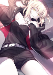Rule 34 | 1girl, artist name, artoria pendragon (all), artoria pendragon (fate), bare shoulders, belt, black ribbon, collarbone, cross, cross necklace, fate/grand order, fate (series), hair ribbon, hood, hoodie, jewelry, kousaki rui, long sleeves, looking at viewer, low ponytail, lying, necklace, official alternate costume, on back, open clothes, open hoodie, pale skin, parted lips, ribbon, saber (fate), saber alter, saber alter (ver. shinjuku 1999) (fate), short shorts, shorts, signature, solo, white hair, yellow eyes
