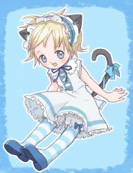 Rule 34 | animal ears, arm support, bad id, bad pixiv id, blonde hair, bloomers, blue eyes, child, gothic lolita, happy, kicham, lolita fashion, pantyhose, ribbon, short hair, sitting, solo, striped clothes, striped pantyhose, tail, tail ornament, tail ribbon, thighhighs, underwear, white bloomers