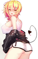 Rule 34 | 1girl, ass, bare shoulders, black jacket, blonde hair, blush, breasts, cowboy shot, demon girl, demon tail, fang, from side, highres, jacket, large breasts, looking to the side, medium hair, multicolored hair, ninoude (ninoude44), off shoulder, open mouth, original, red hair, side ponytail, simple background, skin fang, smile, solo, streaked hair, tail, thighs, white background, yellow eyes