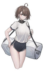 Rule 34 | 1girl, ahoge, alternate costume, azur lane, bag, baltimore (azur lane), black shorts, braid, breasts, brown eyes, brown hair, closed mouth, commentary request, duffel bag, echj, highres, large breasts, shirt, short hair, short shorts, shorts, side braid, simple background, standing, thighs, white background, white shirt
