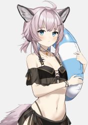 Rule 34 | 1girl, absurdres, ahoge, animal ear fluff, animal ears, arknights, bare shoulders, bikini, black bikini, blue eyes, blush, breasts, cat ears, cine (wazd0183), closed mouth, collarbone, commentary, grey background, hair ornament, hairclip, highres, holding, innertube, looking at viewer, low twintails, material growth, navel, off-shoulder bikini, off shoulder, official alternate costume, oripathy lesion (arknights), pink hair, see-through, short twintails, simple background, small breasts, solo, sussurro (arknights), sussurro (summer flower) (arknights), swim ring, swimsuit, tail, twintails