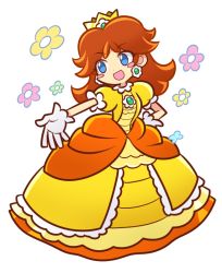 Rule 34 | 1girl, :d, blue eyes, blush stickers, brown hair, crown, dress, earrings, flower, flower earrings, fukumitsu (kirarirorustar), gloves, hand on own hip, jewelry, long hair, mario (series), nintendo, open mouth, orange dress, outstretched arm, princess daisy, puffy short sleeves, puffy sleeves, puyopuyo, short sleeves, smile, solo, white background