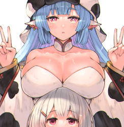Rule 34 | 2girls, animal ears, animal print, bad id, bad pixiv id, bare shoulders, bikini, blue hair, blush, breasts, catura (granblue fantasy), cleavage, cow ears, cow girl, cow hat, cow print, detached collar, detached sleeves, double v, draph, ear piercing, granblue fantasy, koretsuki azuma, large breasts, long hair, looking at viewer, multiple girls, piercing, pink eyes, pointy ears, short hair, swimsuit, thighs, v, vikala (granblue fantasy), white background, white bikini, white hair, wide sleeves