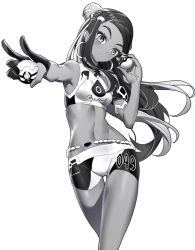 Rule 34 | 1girl, :o, armlet, bare shoulders, bike shorts, blush, breasts, commentary, creatures (company), crop top, dark-skinned female, dark skin, forehead, game freak, gloves, greyscale, gym leader, hair bun, hair ornament, half gloves, hand up, head tilt, holding, holding poke ball, long hair, looking at viewer, monochrome, navel, nessa (pokemon), nintendo, outstretched arm, parted lips, partially fingerless gloves, poke ball, poke ball (basic), pokemon, pokemon swsh, ririko (zhuoyandesailaer), shirt, short shorts, shorts, simple background, single glove, single hair bun, sleeveless, sleeveless shirt, small breasts, solo, sportswear, stomach, very long hair, white background