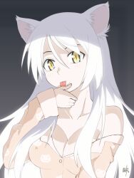 Rule 34 | 1girl, animal ears, arm at side, artist name, black hanekawa, blush, breasts, cat ears, cat girl, cat symbol, cleavage, close-up, collarbone, commentary, covered erect nipples, gradient background, grey background, hair between eyes, hand on own face, hanekawa tsubasa, highres, kikumaru bunta, large breasts, licking, licking finger, licking self, long hair, looking at viewer, monogatari (series), off shoulder, orange pajamas, pajamas, partially unbuttoned, portrait, signature, single bare shoulder, slit pupils, solo, tongue, tongue out, translated, upper body, very long hair, white hair, yellow eyes