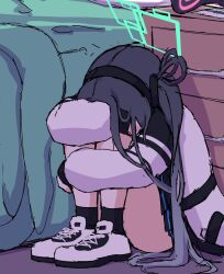 Rule 34 | 1girl, aris (blue archive), bed, black hair, black socks, blue archive, crying, dr yamero, drawer, hairband, halo, highres, jacket, long hair, on floor, socks, solo, very long hair, white footwear, white jacket