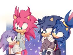 Rule 34 | 2boys, 2girls, aged down, amy rose, blue hair, blush, brother and sister, family, father and daughter, father and son, gloves, green eyes, heart, hedgehog, hedgehog ears, hedgehog girl, hedgehog tail, highres, hugging own legs, jewelry, long sleeves, mother and daughter, mother and son, multiple boys, multiple girls, multiple views, necklace, pink hair, ponytail, shirt, short sleeves, siblings, simple background, sonic (series), sonic the hedgehog, star (symbol), sweater, teeth, upper body, white gloves