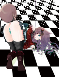 Rule 34 | 1girl, animal ears, ass, bent over, checkered floor, dog ears, floor, highres, long hair, looking back, ooka (skavler), original, panties, perspective, plaid, purple hair, solo, striped clothes, striped panties, tail, thighhighs, top-down bottom-up, underwear, upskirt
