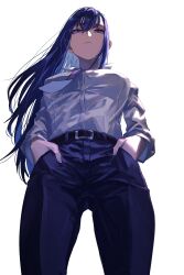 Rule 34 | 1girl, belt, black belt, blue eyes, blue pants, breasts, closed mouth, collared shirt, cowboy shot, dress shirt, formal, from below, hair between eyes, hands in pockets, highres, large breasts, long hair, looking down, necktie, original, pants, purple hair, purple necktie, rasetsu001, red pupils, shirt, shirt tucked in, simple background, solo, standing, white background, white shirt