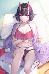 Rule 34 | 1girl, armpit crease, bare legs, bare shoulders, bikini, blush, breasts, cleavage, closed mouth, collarbone, fate/grand order, fate (series), frilled bikini, frills, hair ornament, halterneck, hand on own stomach, headpiece, highres, holding, horns, kaguyuzu, knee up, looking at viewer, lying, medium breasts, multi-strapped bikini, navel, o-ring, on back, pillow, purple eyes, purple hair, red bikini, short eyebrows, short hair, shuten douji (fate), single bare shoulder, skin-covered horns, skindentation, smile, solo, stomach, swimsuit