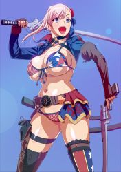 Rule 34 | 1girl, :d, absurdres, american flag bikini, american flag legwear, american flag print, asymmetrical hair, bikini, black choker, blue background, blue eyes, breasts, bun cover, choker, fate/grand order, fate (series), flag print, front-tie bikini top, front-tie top, gunblade, half-skirt, highres, large breasts, lens flare, long hair, long sleeves, looking at viewer, makoto osamu, miyamoto musashi (fate), miyamoto musashi (fate/grand order), miyamoto musashi (swimsuit berserker) (fate), miyamoto musashi (swimsuit berserker) (second ascension) (fate), multi-strapped bikini, navel, open mouth, pink hair, print bikini, sheath, shrug (clothing), simple background, skindentation, smile, solo, stomach, sweat, swept bangs, swimsuit, thigh strap, thighhighs, thighs, trigger discipline, underboob, weapon