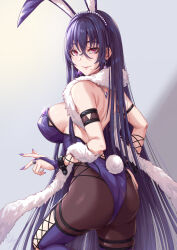 Rule 34 | 1girl, animal ears, arm strap, ass, bare shoulders, blush, breasts, closed mouth, commentary request, earrings, fake animal ears, fake tail, feather boa, from behind, gradient background, hair between eyes, hair ornament, hairband, highres, jewelry, large breasts, leotard, long hair, looking at viewer, looking back, mole, mole under eye, nail polish, original, playboy bunny, purple eyes, purple hair, purple hairband, purple leotard, purple nails, purple thighhighs, rabbit ears, rabbit tail, sakiyamama, simple background, smile, solo, tail, thighhighs, thighs