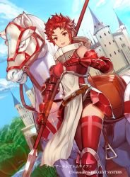 Rule 34 | 1girl, armor, armored boots, bare shoulders, boots, castle, cherokee (1021tonii), fire emblem, fire emblem awakening, fire emblem cipher, forest, gauntlets, horse, nature, nintendo, official art, outdoors, polearm, red armor, red eyes, red hair, short hair, spear, sully (fire emblem), thighhighs, weapon