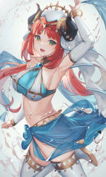 Rule 34 | 1girl, :d, absurdres, arm up, armpits, ass, bare shoulders, blue skirt, blush, bracer, breasts, brooch, circlet, cowboy shot, crop top, detached sleeves, genshin impact, glint, gold trim, green eyes, harem outfit, high heels, highres, horns, jewelry, large breasts, leg up, long sleeves, looking at viewer, matsumoto mitsuaki, neck ring, nilou (genshin impact), open mouth, parted bangs, red hair, see-through, see-through skirt, shirt, skirt, sleeveless, sleeveless shirt, smile, solo, swimsuit, taut clothes, taut shirt, thighhighs, twisted torso, veil, water, white headwear, white sleeves, white thighhighs