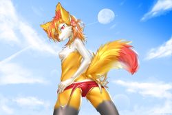 Rule 34 | 1girl, absurdres, aircraft, airplane, ancesra, animal ear fluff, animal ears, animal nose, artist name, ass, back, black fur, blonde hair, blue sky, body fur, braixen, breasts, butt crack, cameltoe, clothes pull, cloud, contrail, cowboy shot, creatures (company), day, female focus, flower, fox ears, fox girl, fox tail, from behind, furry, furry female, game freak, gen 6 pokemon, hair flower, hair ornament, half-closed eyes, happy, highres, legs apart, lens flare, looking at viewer, looking back, medium hair, moon, multicolored hair, nintendo, nipples, one-piece swimsuit, one-piece swimsuit pull, orange hair, outdoors, parted lips, patreon username, pokemon, pokemon (creature), red flower, red hair, red one-piece swimsuit, shiny clothes, shiny skin, sky, small breasts, smile, snout, solo, standing, streaked hair, swimsuit, tail, teeth, topless, watermark, web address, white fur, yellow fur
