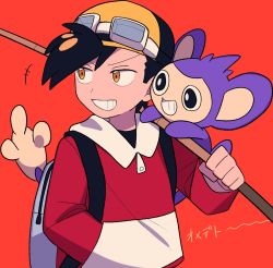 Rule 34 | +++, 1boy, aipom, backpack, backwards hat, bag, black hair, commentary request, creatures (company), ethan (pokemon), game freak, gen 2 pokemon, goggles, goggles on headwear, grey bag, grin, hand in pocket, hand up, hat, highres, holding, jacket, male focus, nintendo, orange eyes, pokemon, pokemon (creature), pokemon adventures, pokemon on arm, red background, red jacket, short hair, smile, teeth, tyako 089, upper body