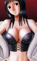 Rule 34 | 1girl, black hair, blue eyes, breasts, cleavage, crimson comics, cross-laced clothes, fur trim, hands on own hips, large breasts, long hair, looking at viewer, lowres, midriff, narrow waist, nico robin, nico robin (alabasta), no bra, one piece