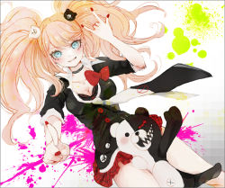 Rule 34 | 1girl, bear hair ornament, black bra, black shirt, blonde hair, blue eyes, bow, bra, breasts, choker, cleavage, collarbone, danganronpa: trigger happy havoc, danganronpa (series), enoshima junko, hair ornament, long hair, looking at viewer, medium breasts, microskirt, monokuma, nail polish, necktie, open mouth, pleated skirt, red bow, red nails, red skirt, shirt, skirt, smile, solo, spoilers, sudden4-orz, twintails, underwear, very long hair, white background, white necktie