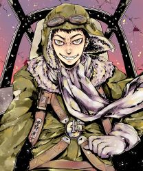 Rule 34 | 10s, 1boy, black hair, broken glass, drifters, eyewear on head, glass, gloves, green hat, grey gloves, grey scarf, grin, hat, highres, kanno naoshi, looking at viewer, magnesiumdance, male focus, military, military uniform, scarf, sketch, smile, solo, uniform, yellow eyes