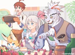 Rule 34 | + +, 1girl, 3boys, :3, ahoge, alk (world flipper), animal ear fluff, animal hands, animal nose, apron, artist name, bare shoulders, blue eyes, blue shirt, blush, body fur, bottle, breast pocket, breasts, brooch, brown apron, brown hair, brown vest, buttons, cake, cake slice, cellphone, colored sclera, colored tips, cooking, cooking pot, cup, facial mark, flower, food, fruit, furry, furry male, gloves, green eyes, grey fur, grey hair, grey shirt, hair ribbon, hands up, happy, hierotubas, highres, holding, holding cooking pot, holding phone, indoors, jewelry, kitchen, light (world flipper), long sleeves, looking at phone, looking down, mug, multicolored eyes, multicolored fur, multicolored hair, multiple boys, nimbus (world flipper), official alternate costume, one side up, open mouth, orange eyes, orange flower, orange gloves, oven mitts, pawpads, phone, pink flower, pocket, purple eyes, red flower, red ribbon, red rose, ribbon, rose, scar, scar on hand, sharp teeth, shirt, short hair, short sleeves, sidelocks, signature, sleeveless, sleeveless shirt, sleeves rolled up, small breasts, smartphone, smile, standing, stella (world flipper), strawberry, striped fur, swept bangs, tankard, teeth, textless version, topknot, tree, two-tone hair, upper body, vest, waist apron, whisker markings, white fur, white gloves, white shirt, world flipper, yellow sclera