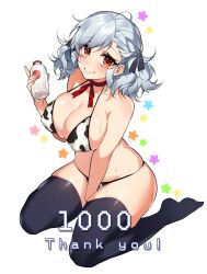 Rule 34 | 1girl, animal ears, animal print, bare shoulders, bechu, bikini, blush, braid, breasts, cleavage, covered erect nipples, cow print, girls&#039; frontline, glass bottle, grey hair, highres, large breasts, looking at viewer, milk, orange eyes, ribbon, side braid, solo, spas-12 (girls&#039; frontline), swimsuit, thick thighs, thighhighs, thighs