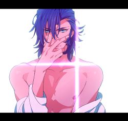 Rule 34 | 10s, 1boy, blue hair, fabulous, hand on own face, highres, kill la kill, lens flare, letterboxed, male focus, mikisugi aikurou, mosako, topless male