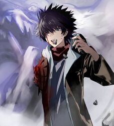 Rule 34 | 1boy, amputee, anninn do fu, black hair, blood, blood on face, bloody tears, blue eyes, brown jacket, clothing request, colored sclera, commentary, dragon, dragon king (toaru), highres, injury, jacket, kamijou touma, male focus, open clothes, open jacket, open mouth, red scarf, red sclera, scarf, slit pupils, solo, spiked hair, spoilers, toaru majutsu no index, toaru majutsu no index: genesis testament
