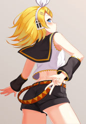Rule 34 | 1girl, absurdres, arm behind back, back, belt, blonde hair, blue eyes, blush, bow, cowboy shot, crop top, detached sleeves, flat chest, hachinatsu, hair bow, hair ornament, hairclip, headphones, headset, highres, kagamine rin, looking at viewer, looking back, puckered lips, sailor collar, short hair, shorts, solo, upper body, v, vocaloid