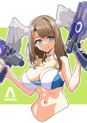 Rule 34 | 1girl, absurdres, bare shoulders, bikini, blue eyes, breasts, brown hair, choker, cleavage, eunie (xenoblade), grin, gun, head wings, highres, holding, holding gun, holding weapon, i am anddo, large breasts, long hair, looking at viewer, navel, official alternate costume, smile, solo, swimsuit, upper body, weapon, wings, xenoblade chronicles (series), xenoblade chronicles 3