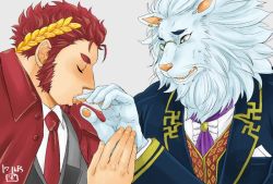 Rule 34 | 2boys, animal ears, animal hands, bara, beard, claude (housamo), coat, facial hair, finger in another&#039;s mouth, formal, furry, furry male, furry with non-furry, gakei3, goatee, interspecies, laurel crown, lion boy, lion ears, long sideburns, looking at another, male focus, mature male, multiple boys, muscular, muscular male, necktie, red coat, red hair, short hair, sideburns, snow (housamo), thick eyebrows, tokyo houkago summoners, tongue, tongue out, upper body, white hair, yaoi