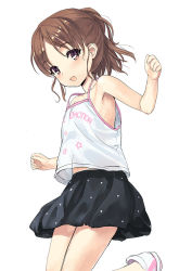 Rule 34 | 1girl, armpits, arms up, black skirt, brown eyes, brown hair, camisole, clothes writing, jiji (aardvark), leg up, long hair, open mouth, original, ponytail, simple background, skirt, smile, solo, standing, standing on one leg, white background, white camisole