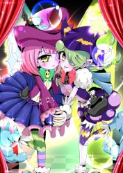 Rule 34 | 2girls, abyss actor leading lady, abyss actor twinkle littlestar, bag, bat (animal), body markings, bow, chain, checkered floor, demon, demon girl, duel monster, facial tattoo, fangs, green bow, green hair, handbag, hat, highres, holding hands, looking at viewer, multiple girls, one-eyed, pink hair, pink headwear, pointy footwear, purple headwear, red bow, shoes, single eye, skull, tattoo, yellow eyes, yu-gi-oh!, yu-gi-oh! duel monsters