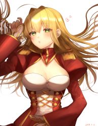 Rule 34 | 1girl, ahoge, blonde hair, blush, breasts, cleavage, dated, epaulettes, fate/extra, fate (series), green eyes, hair down, heart, highres, large breasts, long hair, long sleeves, looking at viewer, nero claudius (fate), nero claudius (fate) (all), nero claudius (fate/extra), simple background, solo, white background, yayoi maka